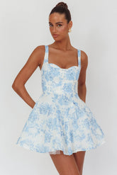 Get My Attention Off-Shoulder Mini Dress Floral Blue