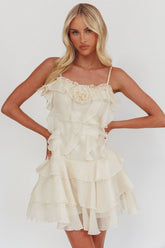 Sweetest Things Frill Trim Rosette Mini Dress Cream