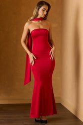 Scarf-Detail Strapless Gown in Scarlet Red